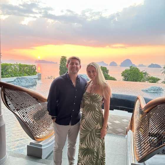 Mike and Christie overlooking the sea at sunset in Krabi
